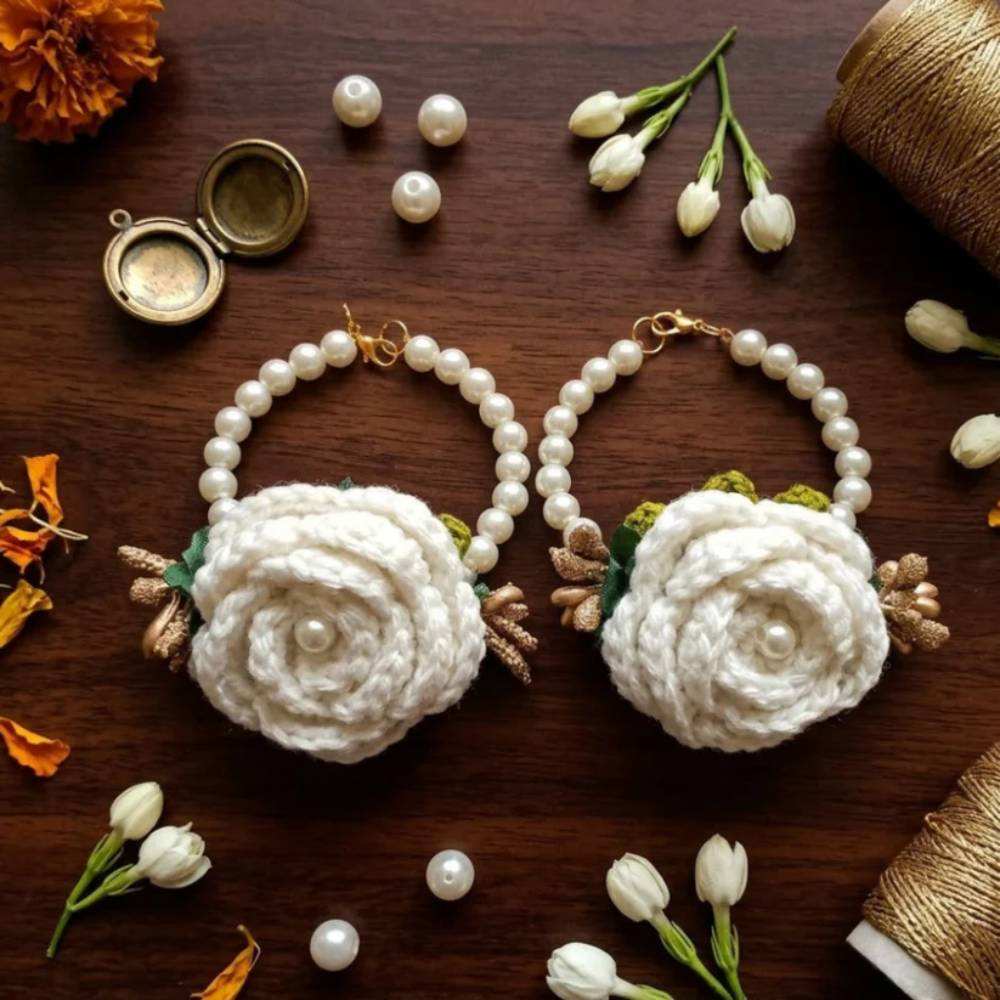 Handmade White Crochet Gajry for Girls, comfortable and reusable wrist flowers for girls in Pakistan