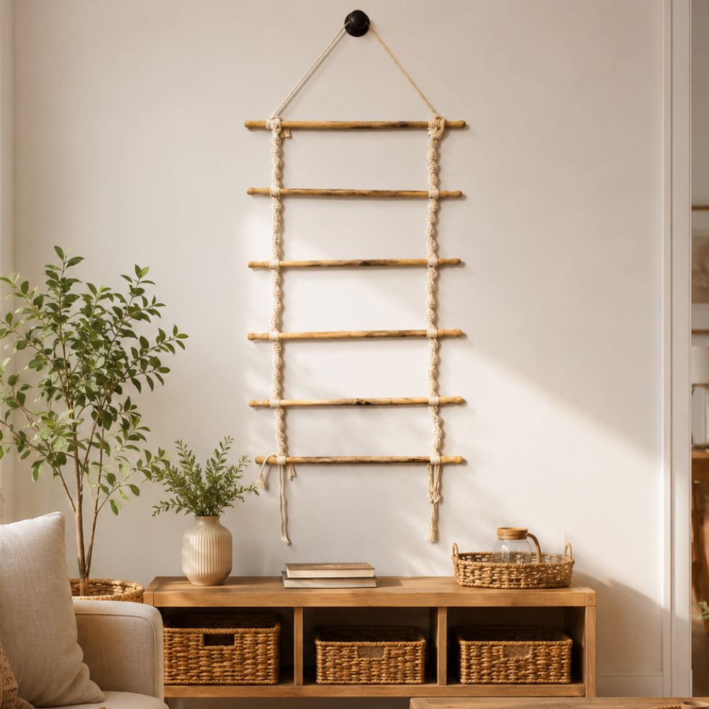 Handmade wooden macrame wall hanging decor piece made with cotton rope and wood for homes in Pakistan