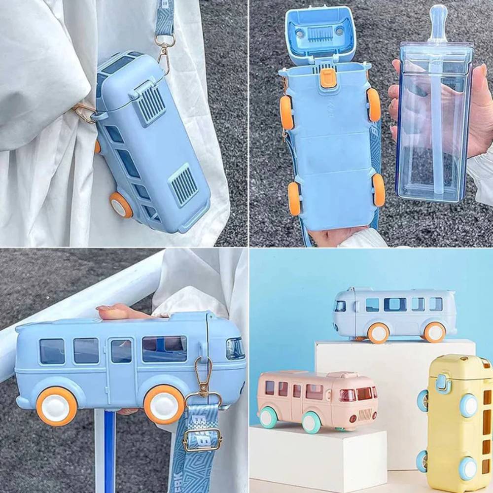 Bus Shape Kids Water Bottle with Straw & Strap, handy water bottle for children with carry strap in Pakistan