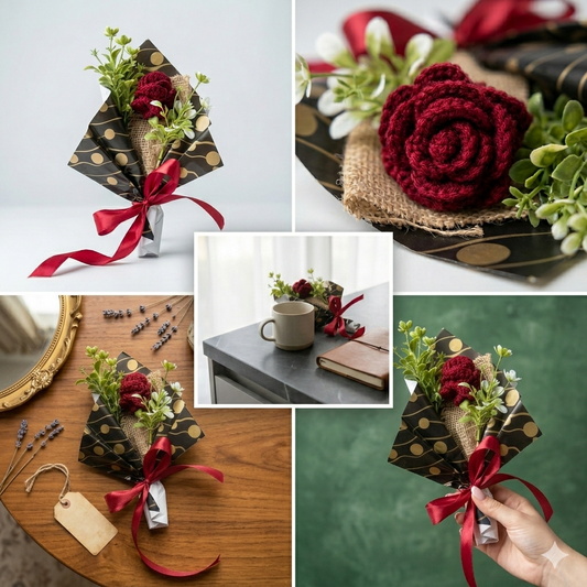 Handmade Crochet Red Rose Bouquet