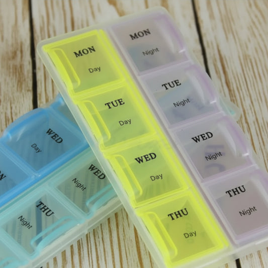 Weekly pill box with 14 compartments for tablets