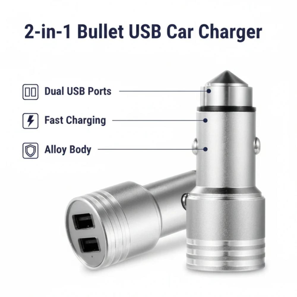Bullet USB Car Charger Adapter with Dual Port, fast phone charging in car in Pakistan