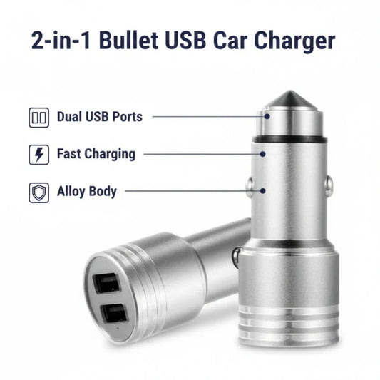 Bullet USB Car Charger Adapter with Dual Port, fast phone charging in car in Pakistan