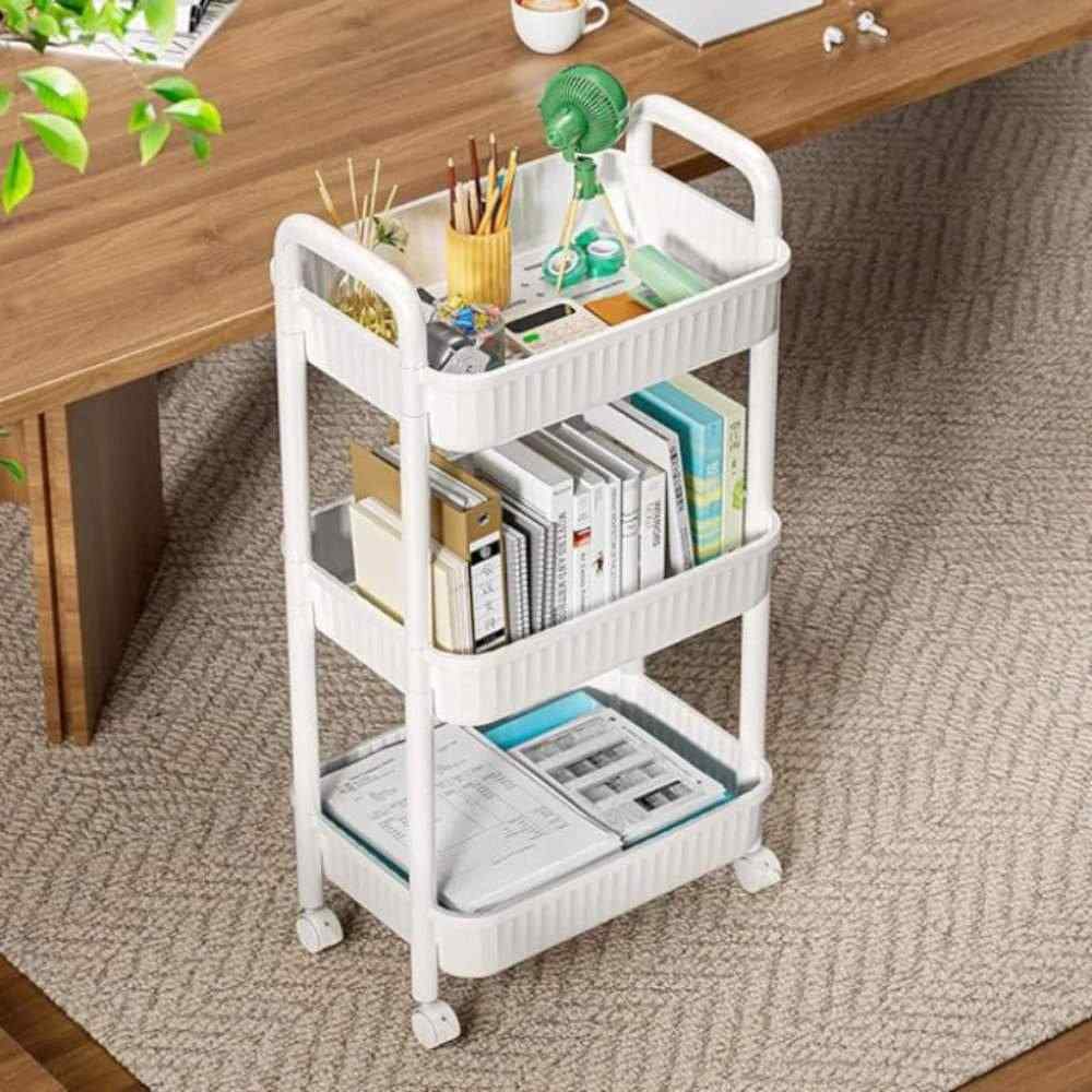 3-Tier Rolling Storage Cart - White, simple storage organizer trolley for daily storage needs in Pakistan