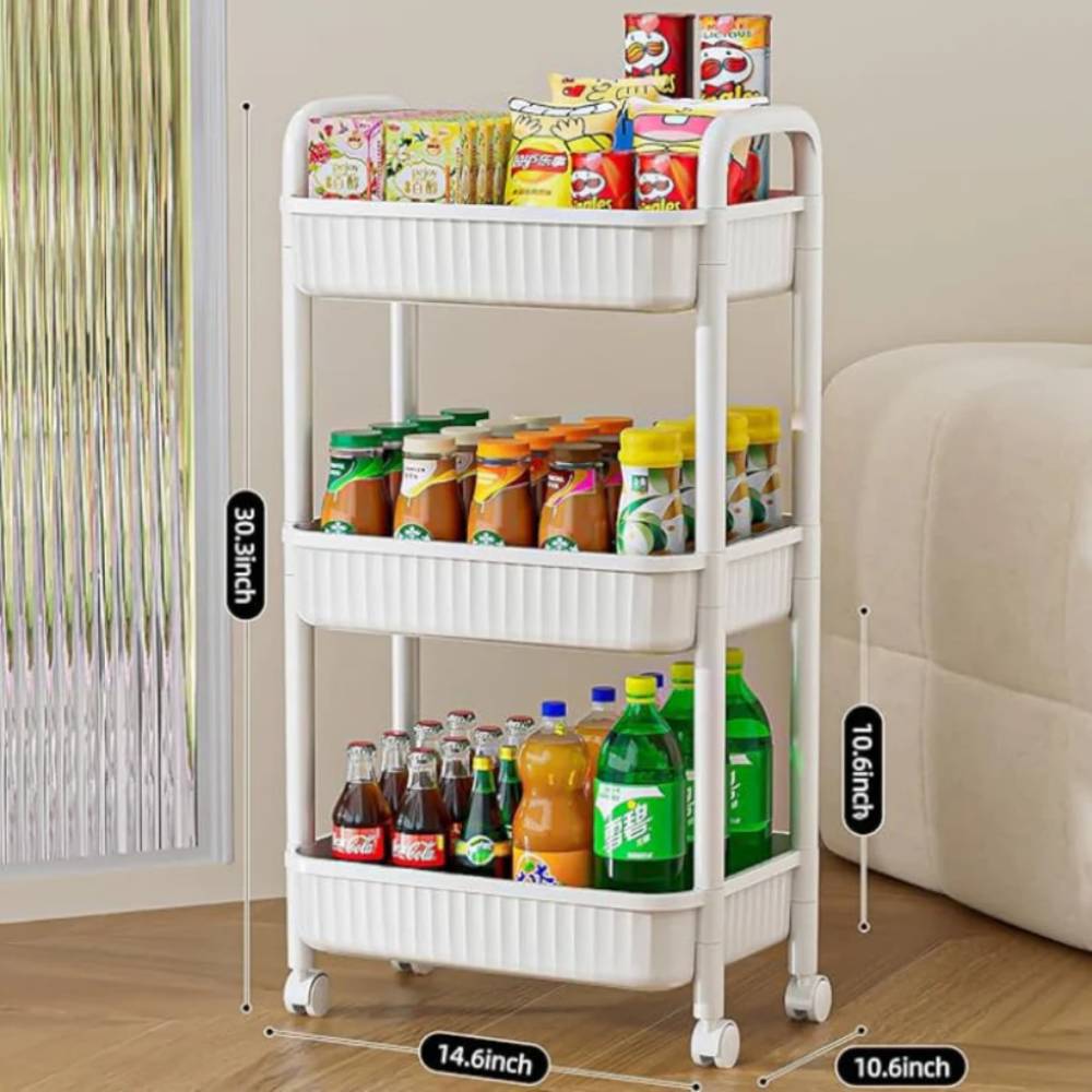 3-Tier Rolling Storage Cart - White, space saving storage trolley for daily use in Pakistan