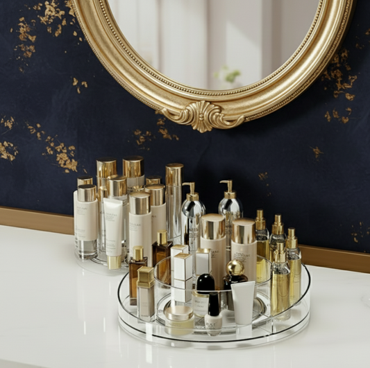 360 degree rotating makeup organizer tray for vanity table