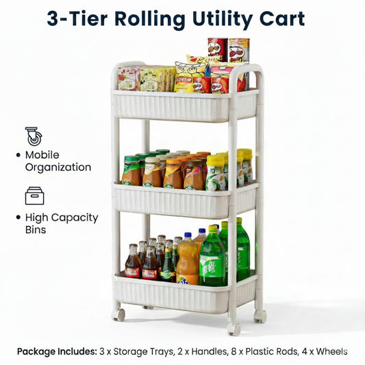 3-Tier Rolling Utility Cart with Wheels & Handle - White