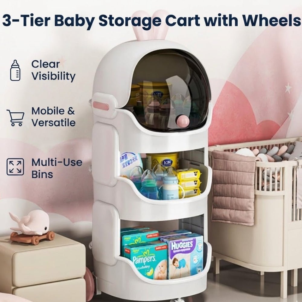 3-Tier Baby Storage Cart with Wheels Nursery Organizer Rack