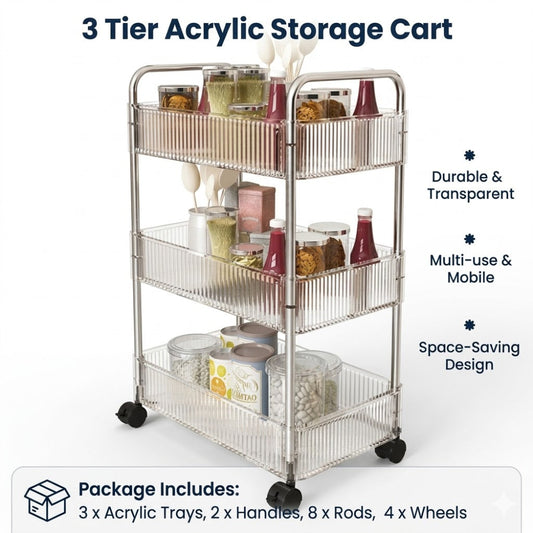 3-tier acrylic storage cart with various items on a white background