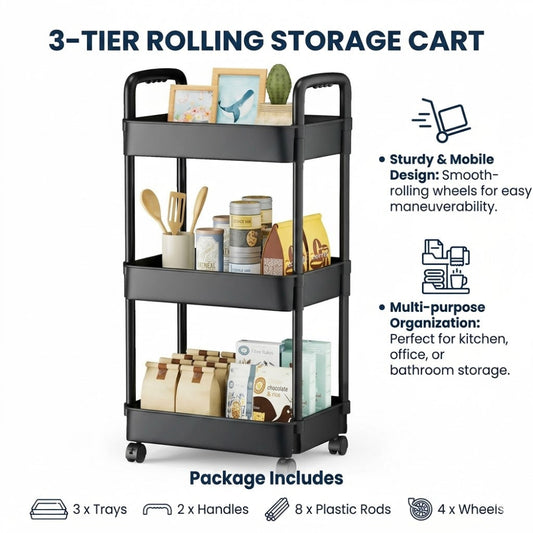 3-Tier Rolling Cart for Multi Purpose Storage Organization