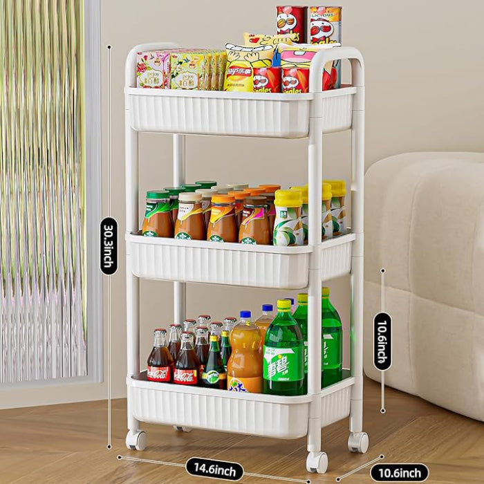 3-Tier Rolling Utility Cart with Wheels & Handle-White