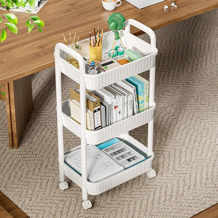 3-Tier Rolling Utility Cart with Wheels & Handle-White