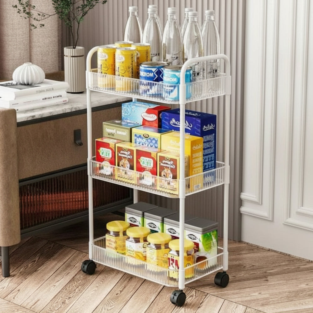Acrylic storage cart with smooth rolling wheels