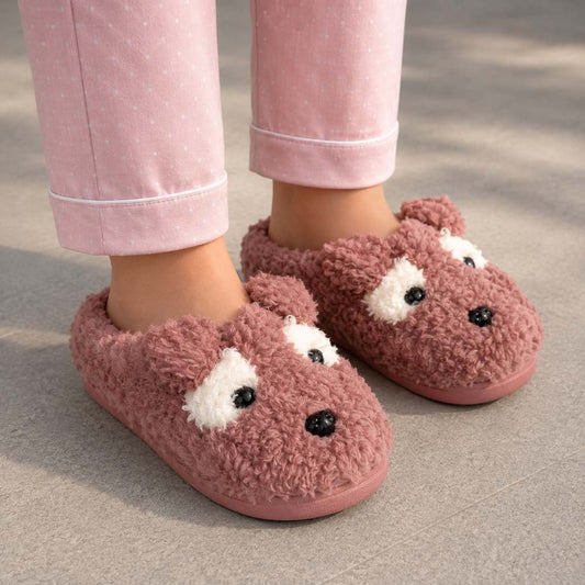 Cute bear plush house slippers with a soft inner lining, thick cushioned sole, and comfortable fit for everyday indoor use.