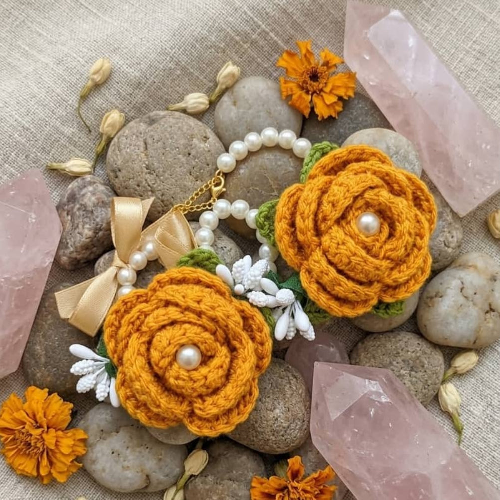 Orange crochet gajra for wrist and hair styling
