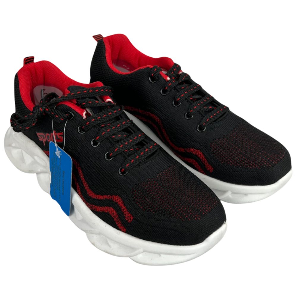 Black and red mesh sports shoes for men with breathable upper, lace-up closure, and lightweight cushioned sole.
