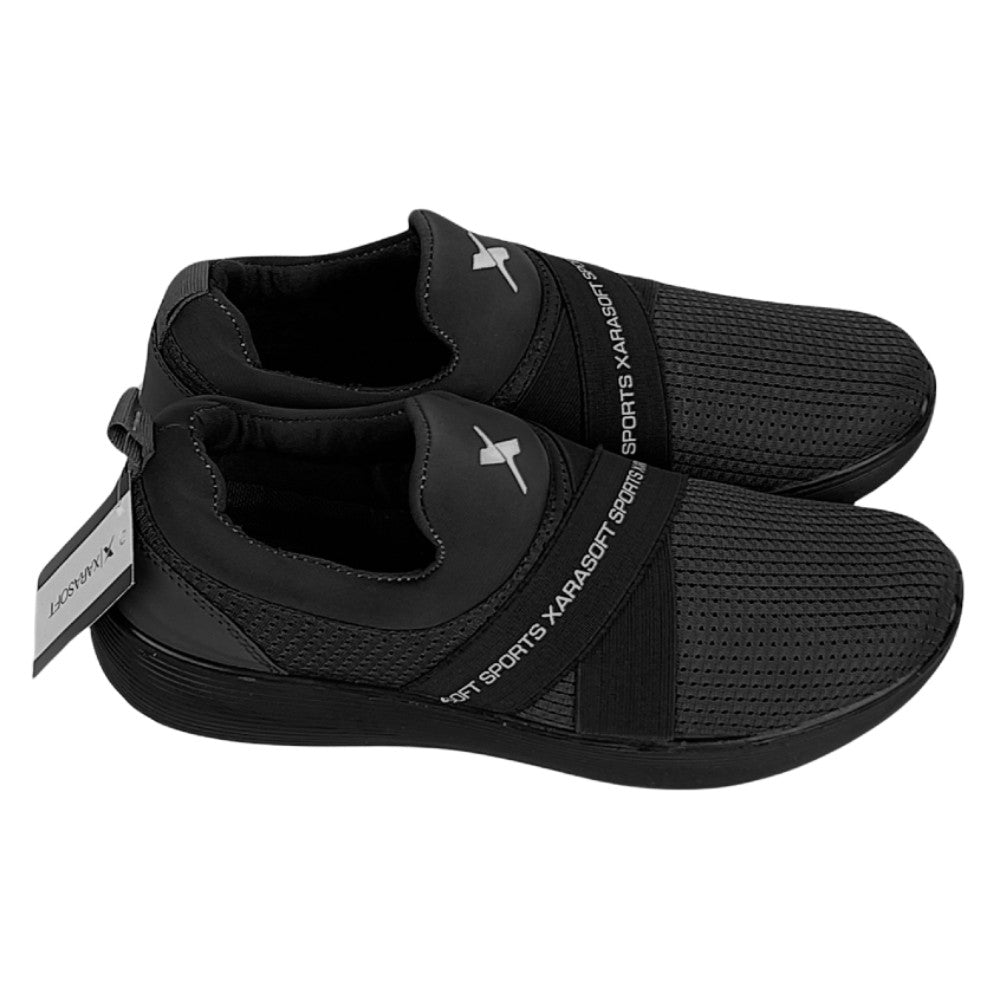 Black slip-on mesh walking shoes for men with breathable upper, lightweight sole, and comfortable everyday design.