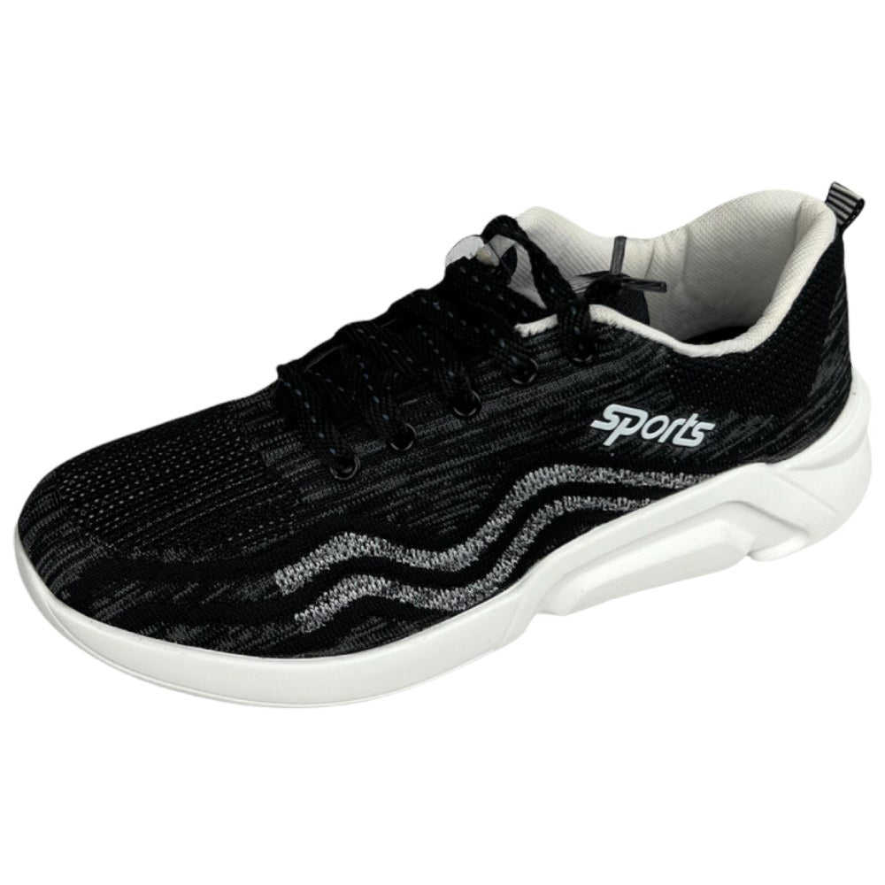 Men's mesh walking shoes in black and white designed with lightweight sole, lace-up closure, and all-day comfort.