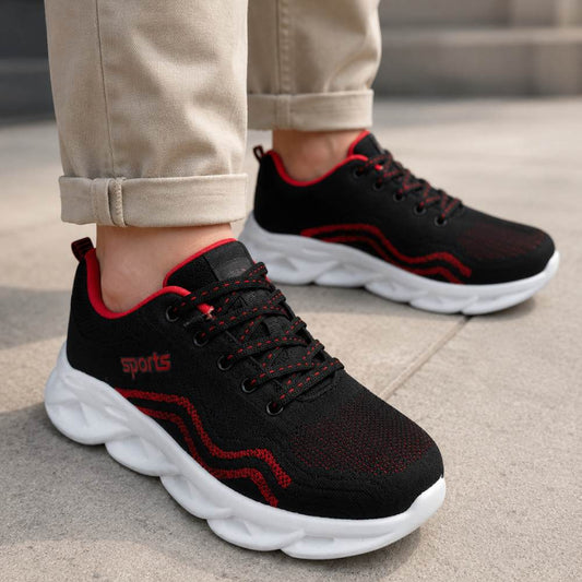 Black and red mesh sports shoes for men with breathable upper, lace-up closure, and lightweight cushioned sole.