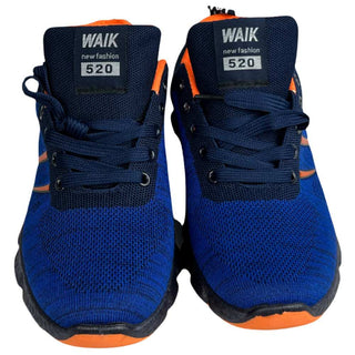 Blue mesh sports running shoes for men with breathable knitted upper, lace-up closure, and lightweight cushioned sole.