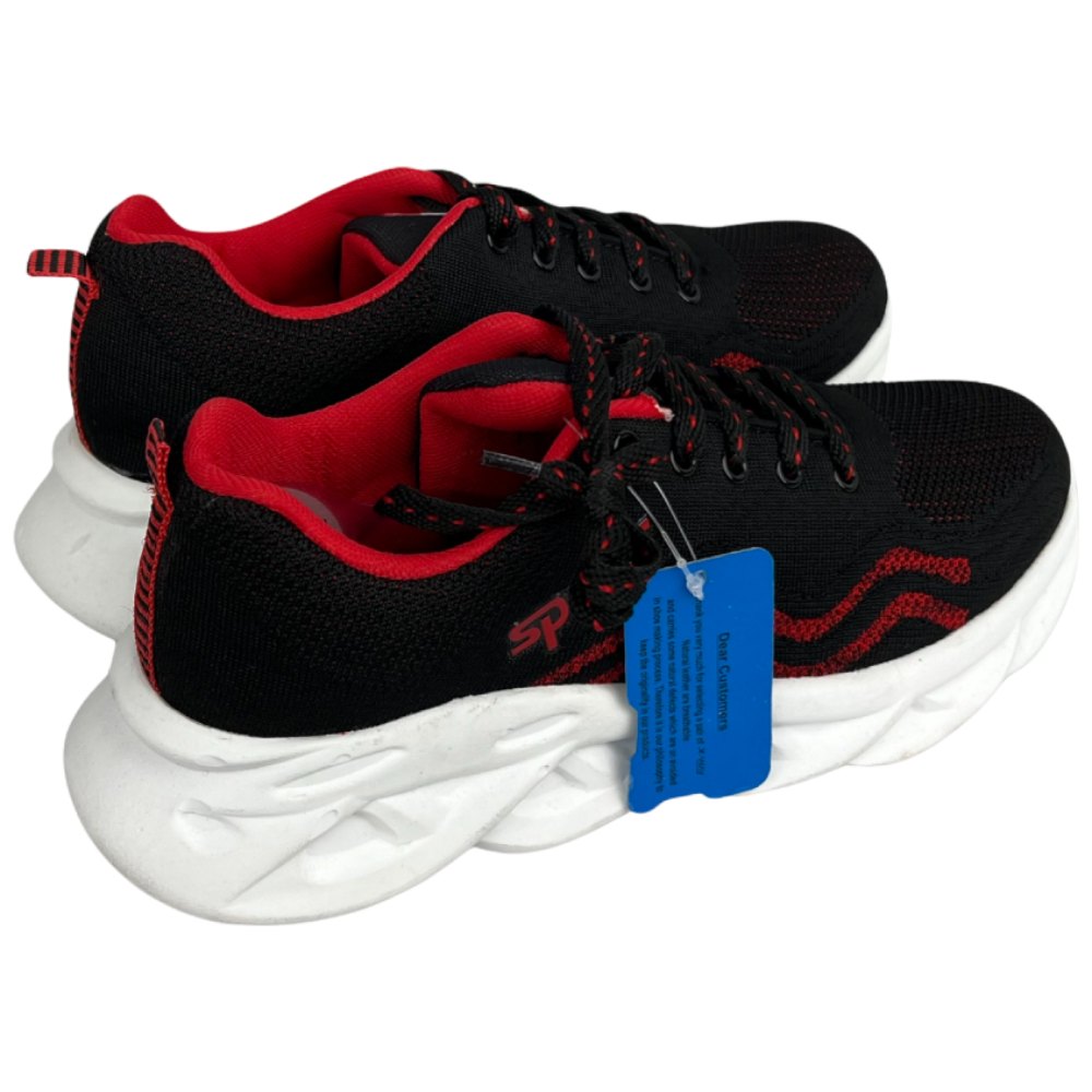 Black red casual athletic shoes for men with flexible sole, breathable mesh material, and cushioned comfort.