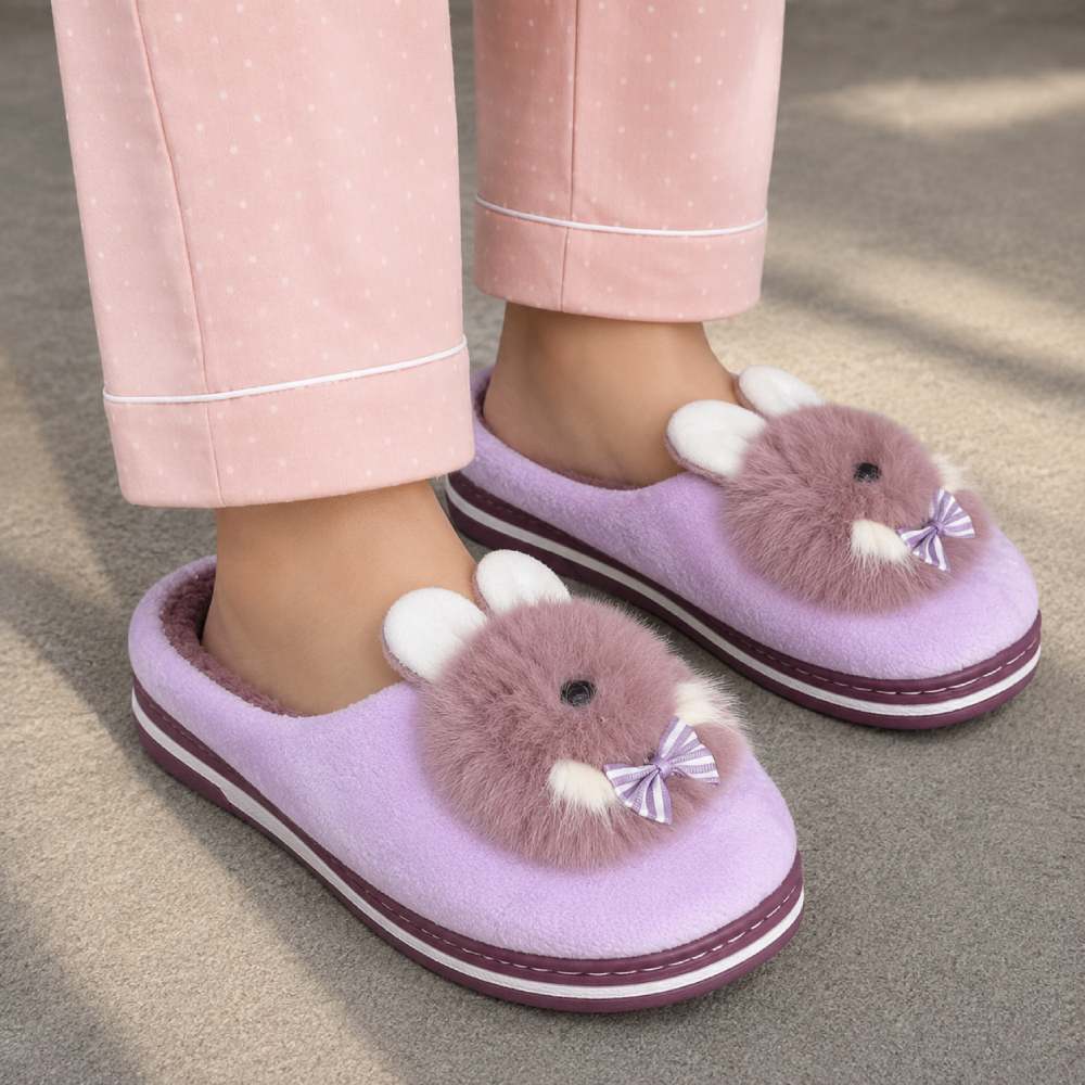 Cute purple bunny plush carpet slippers with soft fleece lining, thick sole, and warm design for comfortable indoor wear.