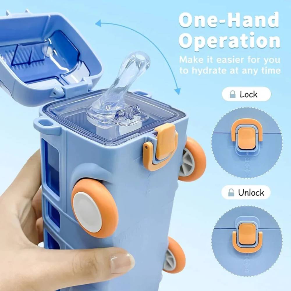 Bus Shape Kids Water Bottle with Straw & Strap, leak resistant bottle for school and travel in Pakistan