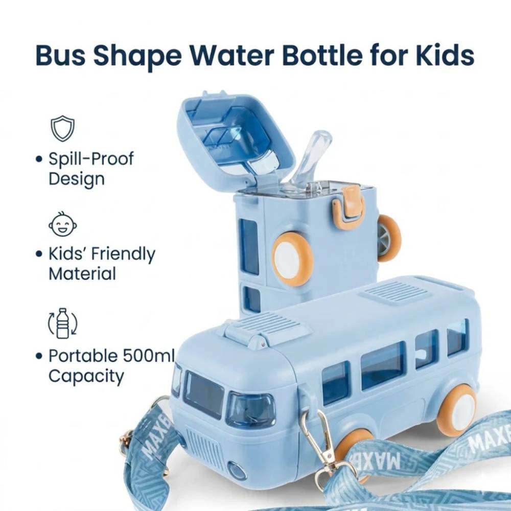 Bus Shape Kids Water Bottle with Straw & Strap, cute drinking bottle for school kids in Pakistan