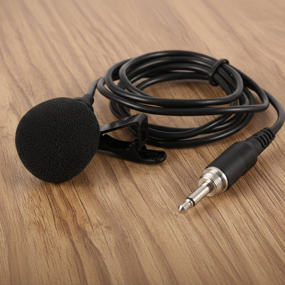 Clip-on collar microphone attached to shirt for hands-free recording