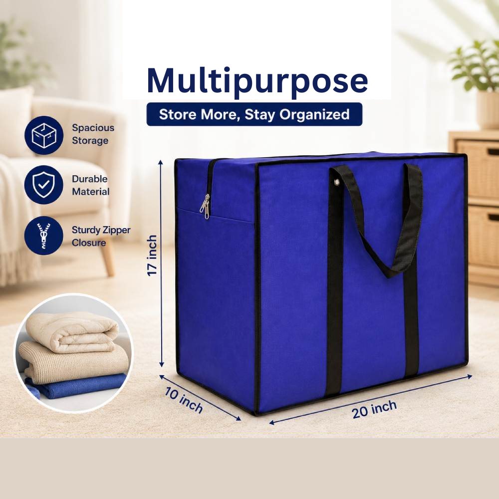 Durable fabric storage bag with carry handles and zipper closure for organizing clothes and household items.