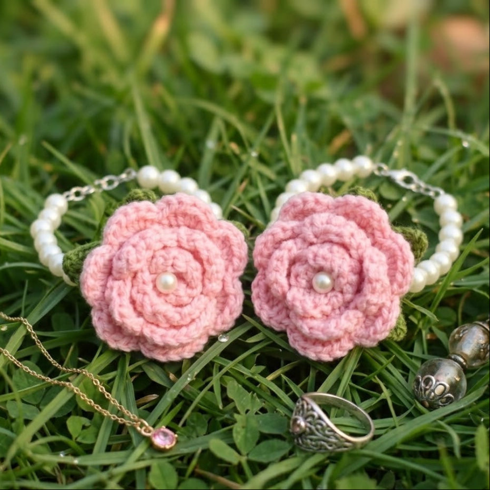 Handmade Pink Rose Crochet Gajry for Girls - 1 Pair
