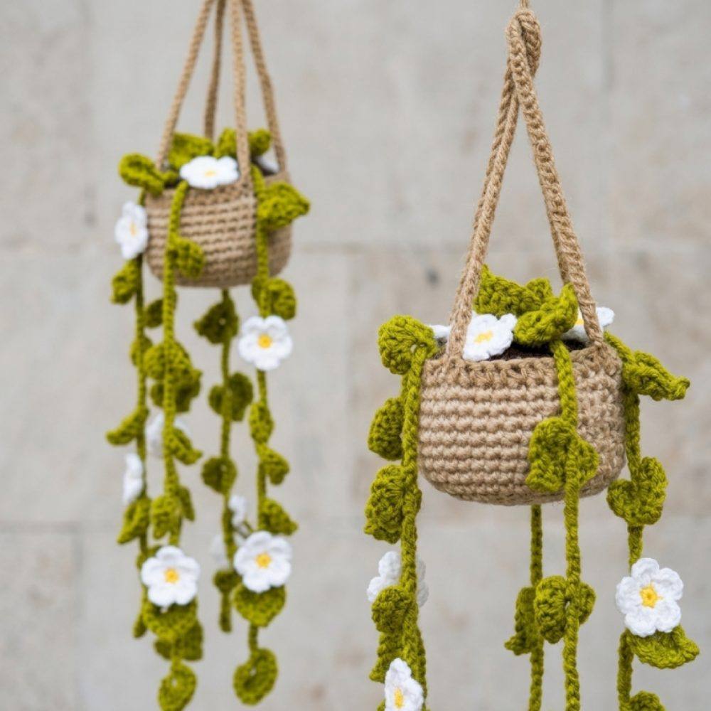 Crochet Hanging Planter with Flowers for Car Decor, handmade crochet car interior decoration in Pakistan