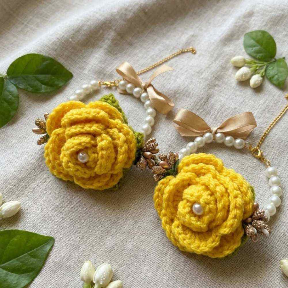Yellow Crochet Gajry for Girls, comfortable and reusable crochet wrist flowers for girls in Pakistan