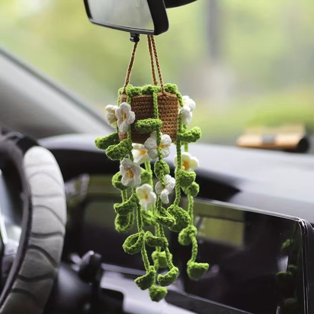 Crochet Hanging Planter with Flowers for Car Decor, handmade soft crochet car interior decor in Pakistan