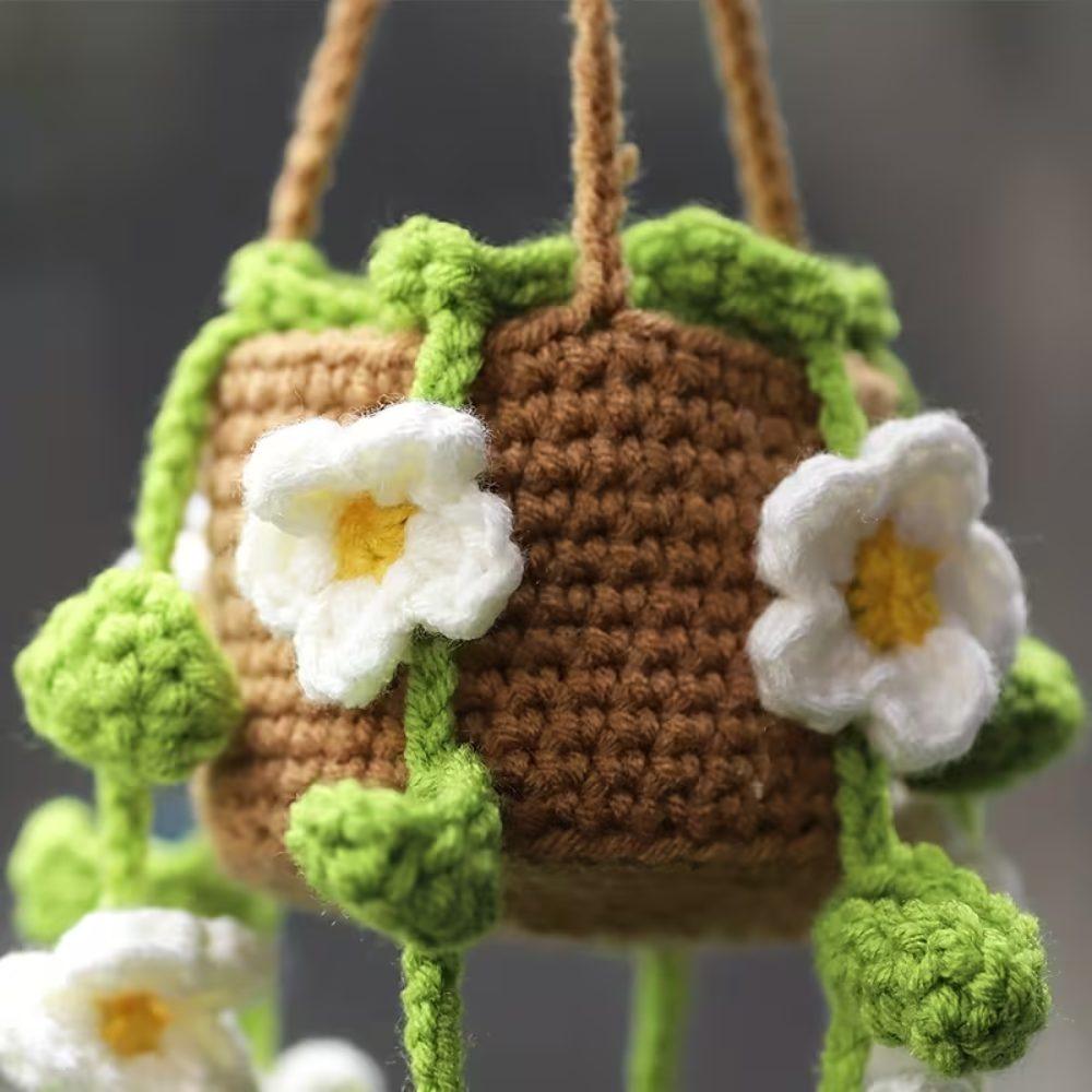 Crochet Hanging Planter with Flowers for Car Decor, handmade decorative flower hanger for cars in Pakistan