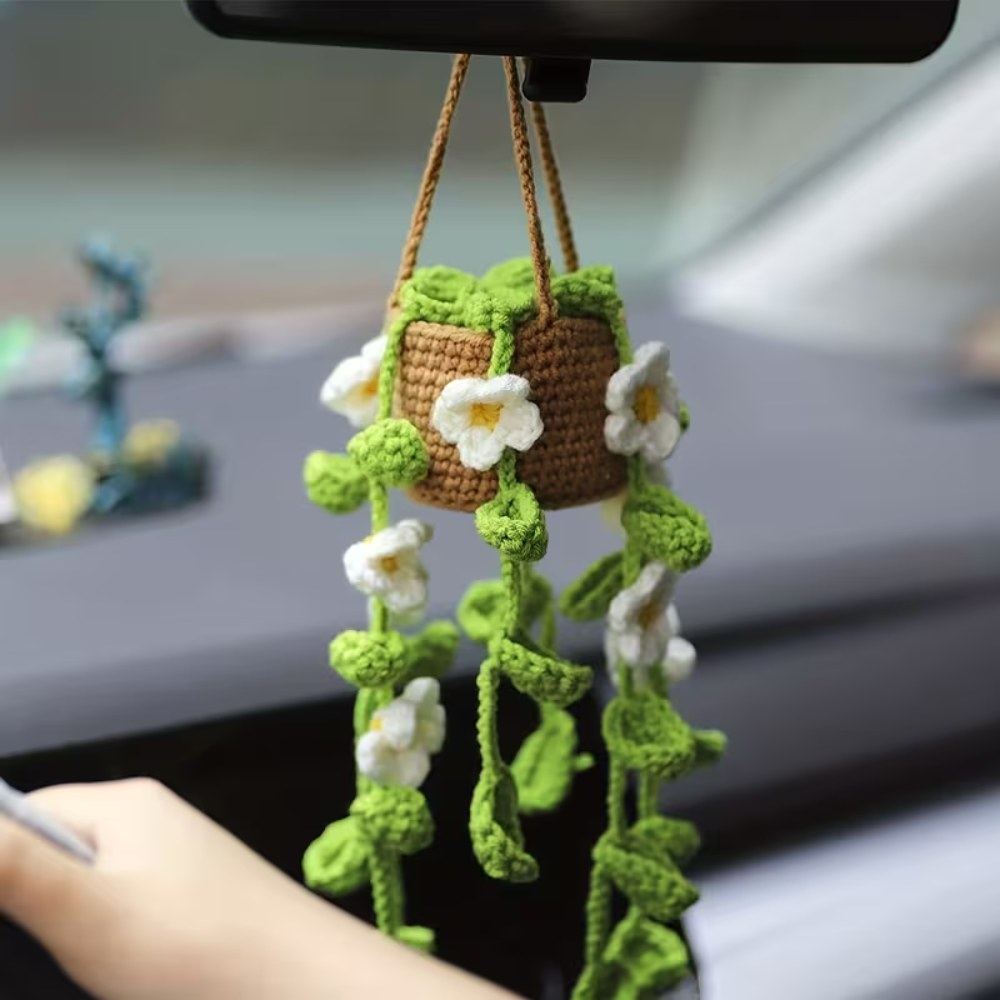 Crochet Hanging Planter with Flowers for Car Decor, cute handmade crochet car accessory in Pakistan