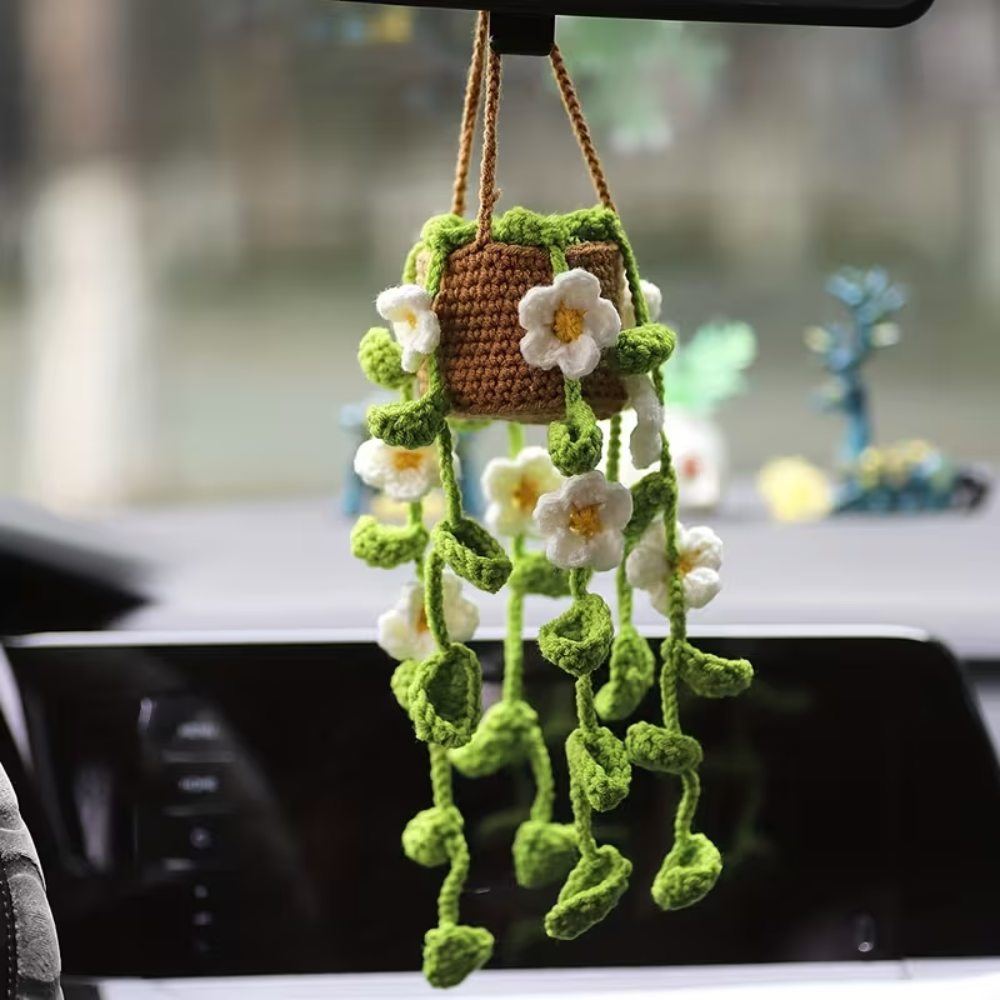 Crochet Hanging Planter with Flowers for Car Decor, handmade hanging plant decor for cars in Pakistan