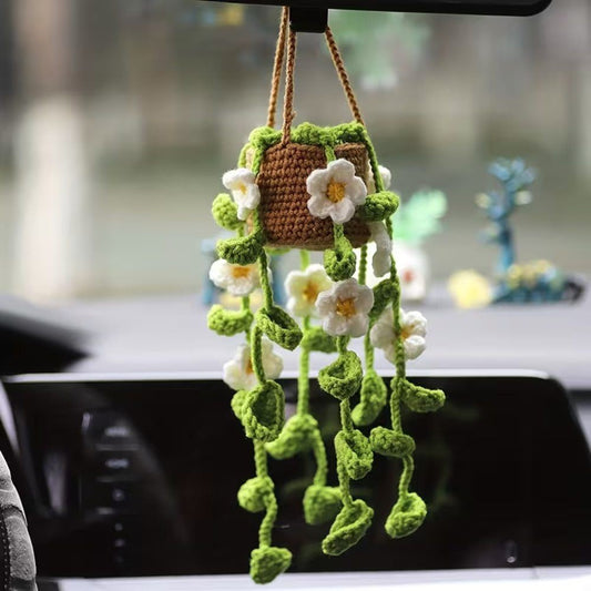 Crochet Hanging Planter with Flowers for Car Decor, handmade hanging plant decor for cars in Pakistan