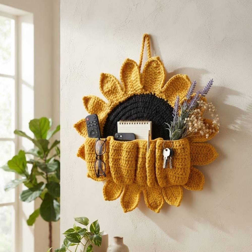 Crochet sunflower storage basket wall hanging for living room, bedroom, and entryway in Pakistan