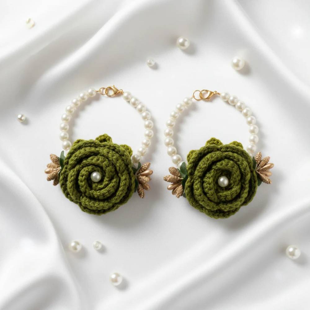 Handmade Green Crochet Gajry for Girls, soft crochet floral bracelet for cultural events in Pakistan