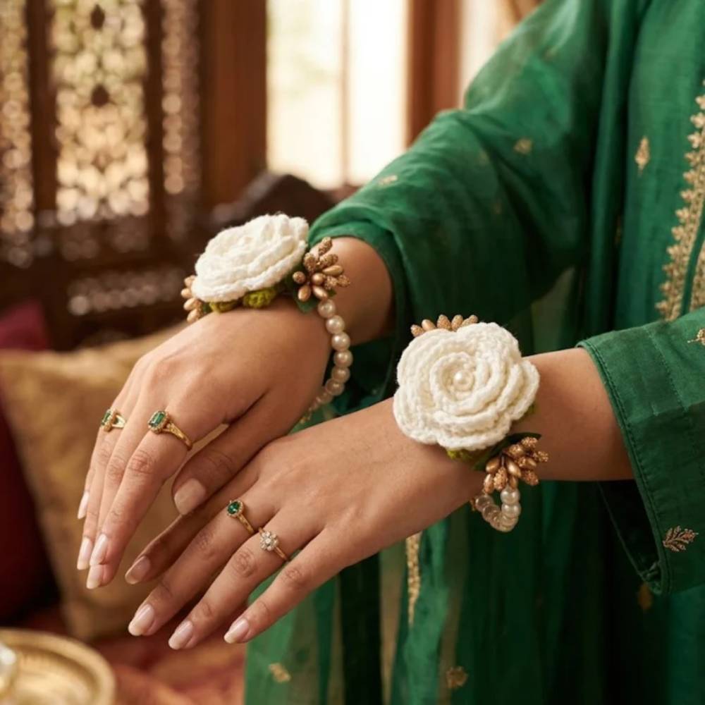 Handmade White Crochet Gajry for Girls, soft floral wrist accessory for weddings and events in Pakistan
