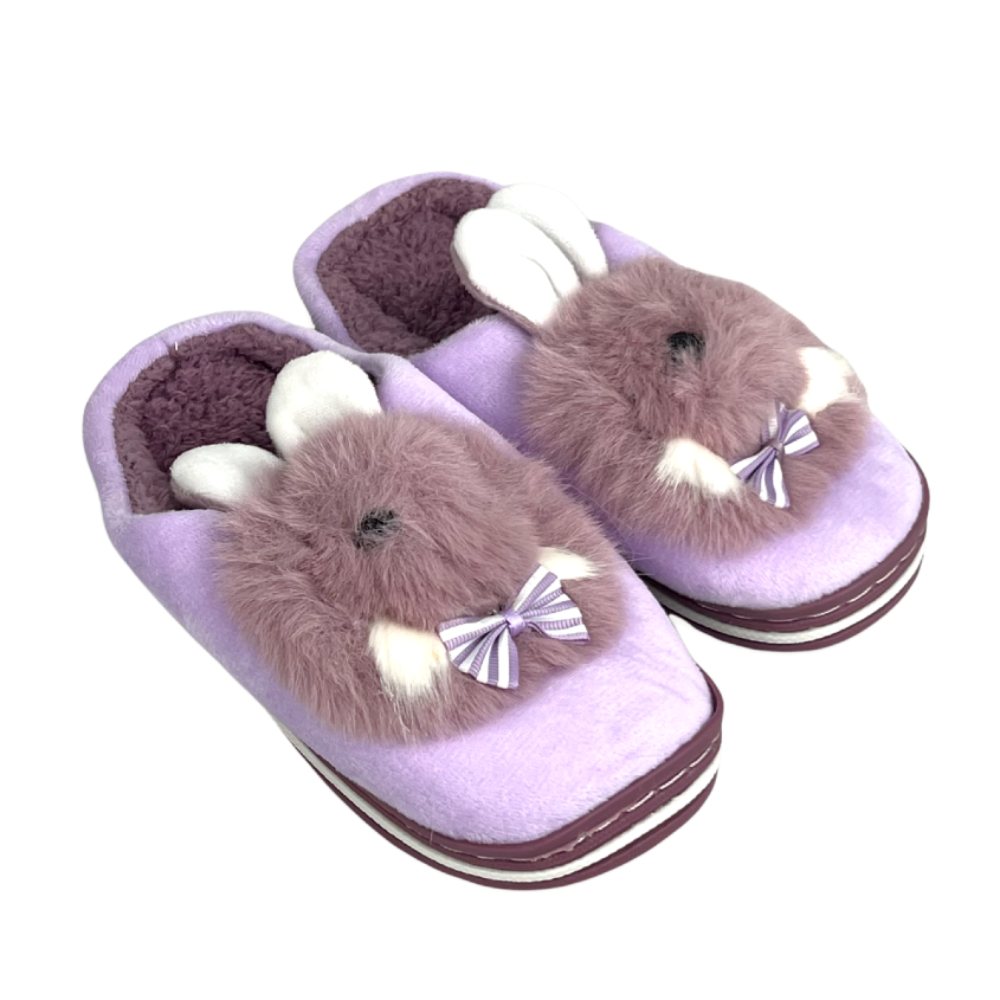 Cute purple bunny plush house slippers with soft fleece lining, thick sole, and warm design for comfortable indoor wear.