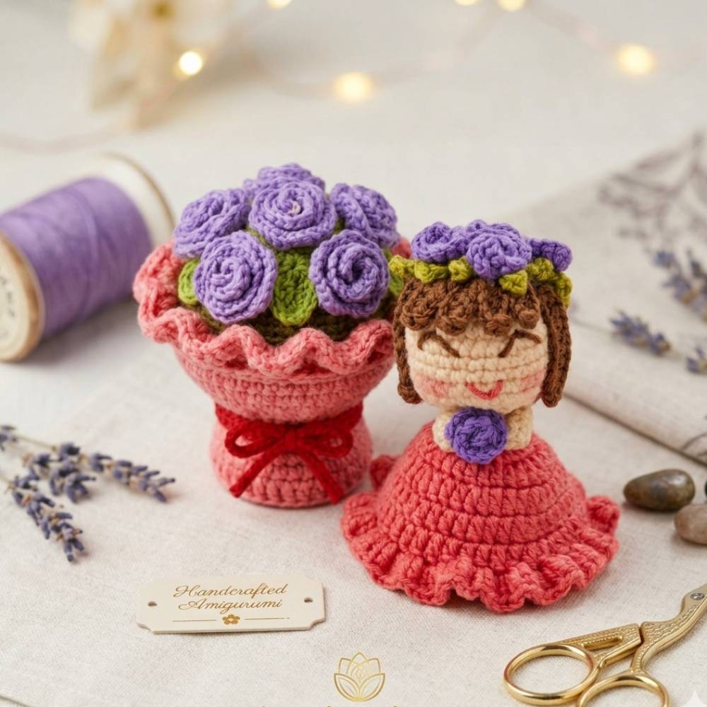 Crochet Reversible Doll Flower Bouquet, handmade cute reversible crochet doll with flower bouquet design in Pakistan
