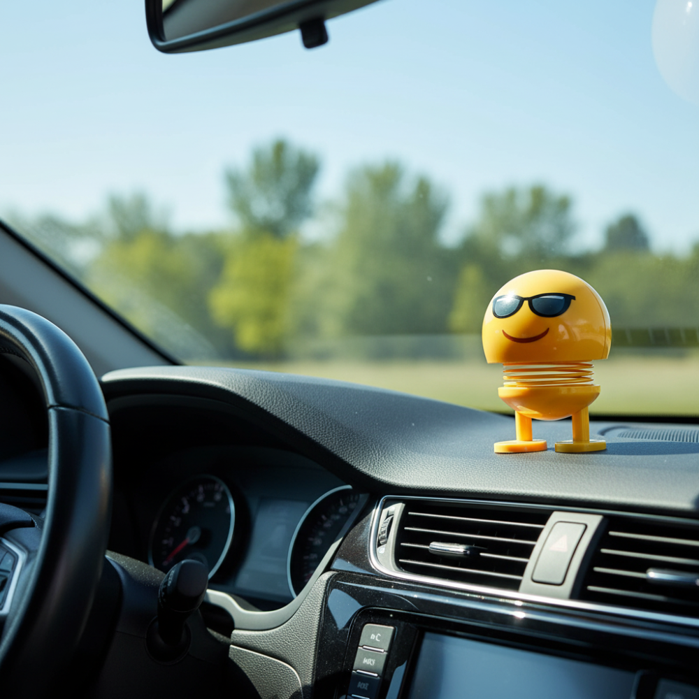 Dancing emoji spring toy placed on car dashboard