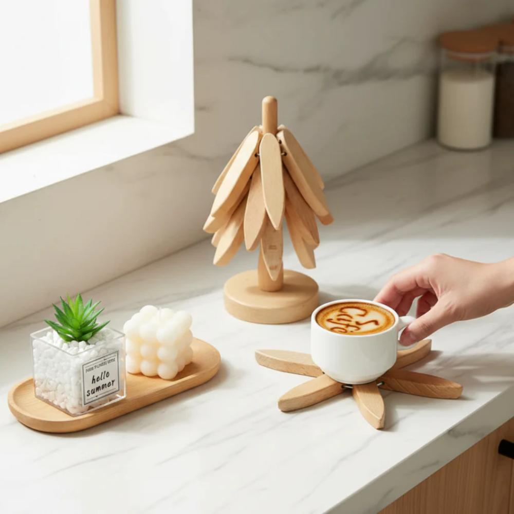Tree Shape Wooden Coaster Set, simple wooden coasters for tea and coffee cups in Pakistan