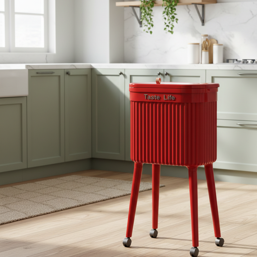 Durable plastic high leg wheeled trash can with lid