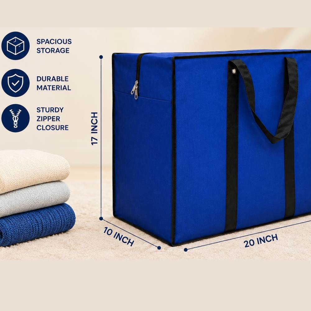 Medium storage bag designed for clothes, bedding, blankets, and seasonal items with sturdy fabric material.