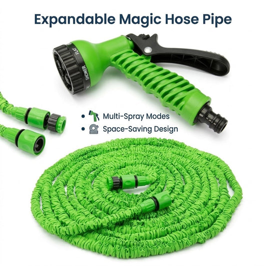Green expandable magic hose pipe with spray nozzle on a white background