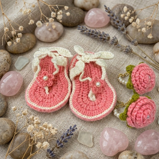 Handmade baby gift pack with crochet shoes and gajra set