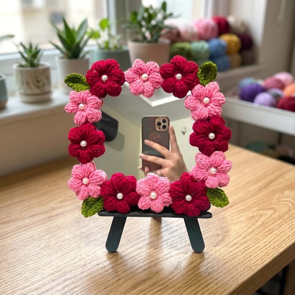 Handmade Crochet Flower Vanity Mirror Home Decoration with crochet flowers and green leaves, Pakistan